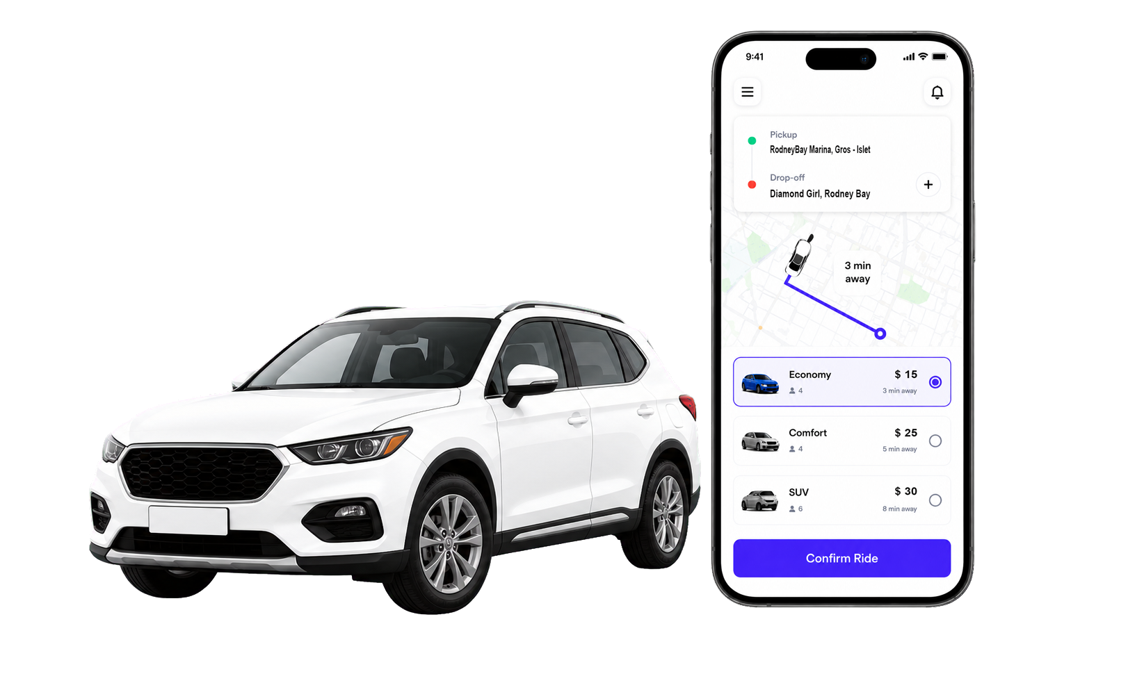 ReadyRide app preview with route map and white SUV