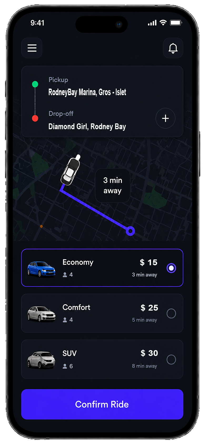 ReadyRide app booking screen