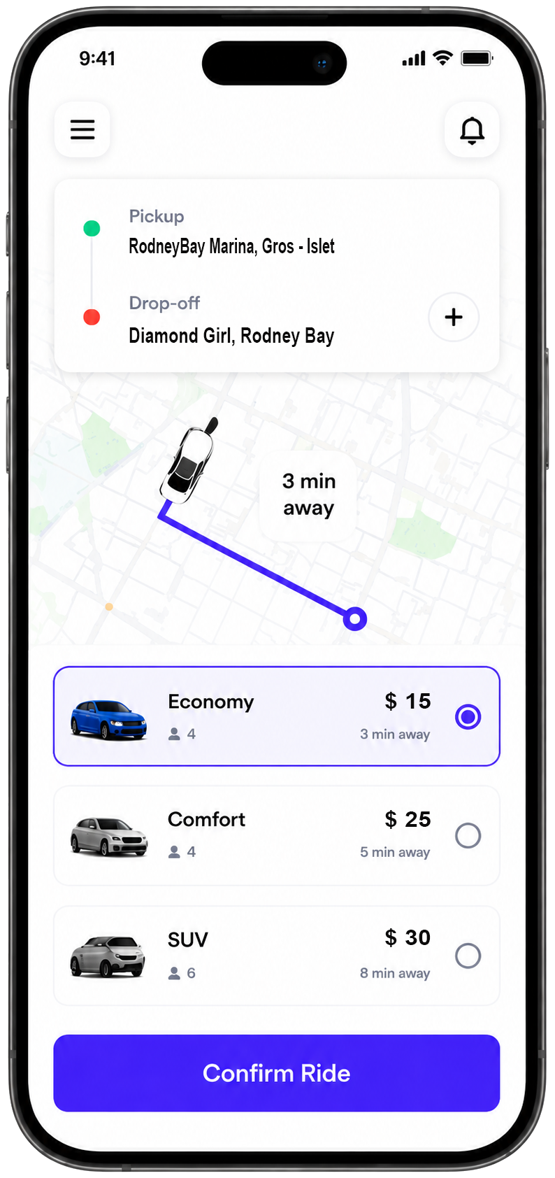 ReadyRide app booking screen